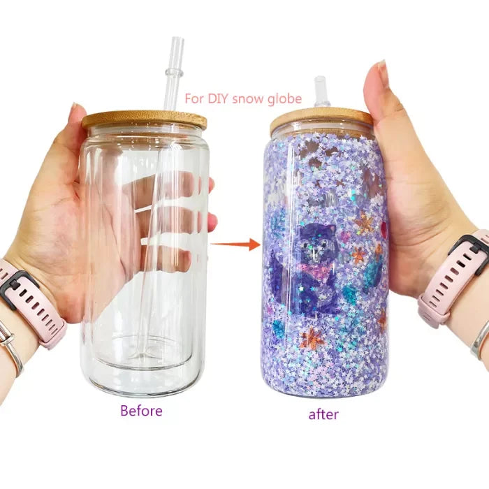 Snow Globe Sublimation Ready Glass Can tumblers with bamboo lid