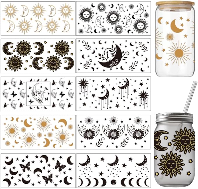 Stars and Moons DTF Stickers | UV Direct to Film | UV Stickers | 16oz tumbler wraps  | 10 Pack