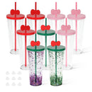 24oz Plastic Acrylic Snow Globe Tumbler With Bow Straw Topper | Snowglobe Tumblers