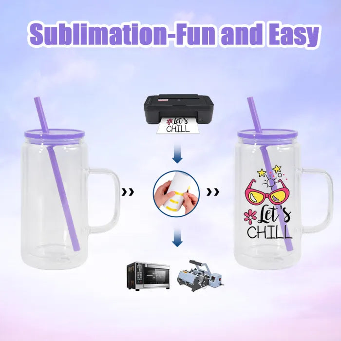 16oz snowglobe sublimation glass cups with handle and plastic color lid | Sublimation Tumbler | 16 oz