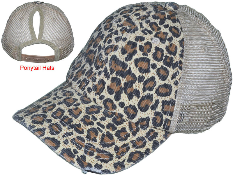 CREAM LEOPARD PONYTAIL TRUCKER HATS - SOFT UNSTRUCTURED